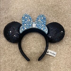 Disney Black Sequin Minnie Ears Headband with Light Blue Jeweled Bow